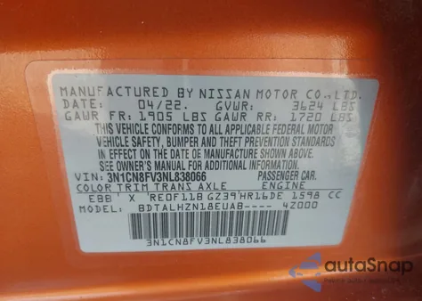 2022 Nissan Versa 1.6 Sr Xtronic Cvt z USA, uszkodzony, nr VIN 3N1CN8FV3NL838066